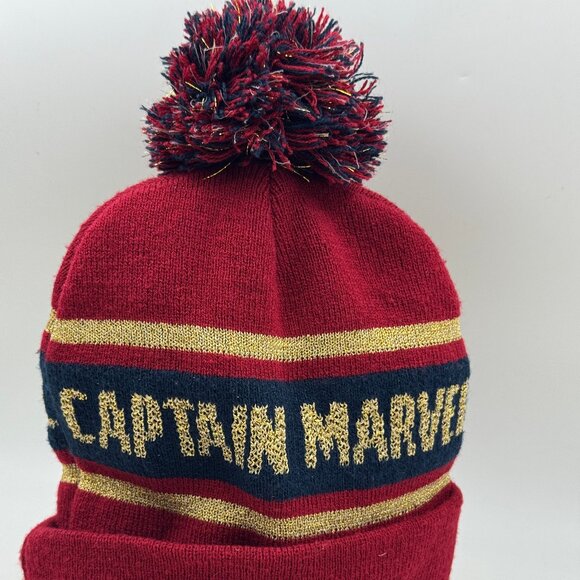 Captain Marvel Hat Beanie Fitted Red Navy Gold Pom Knit Cuffed Embroidered - Picture 3 of 5